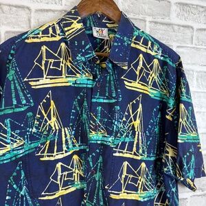 Rum Reggae Primary Navy Blue Cartoon Sail Boat Print Button Up Camp Shirt Men XL